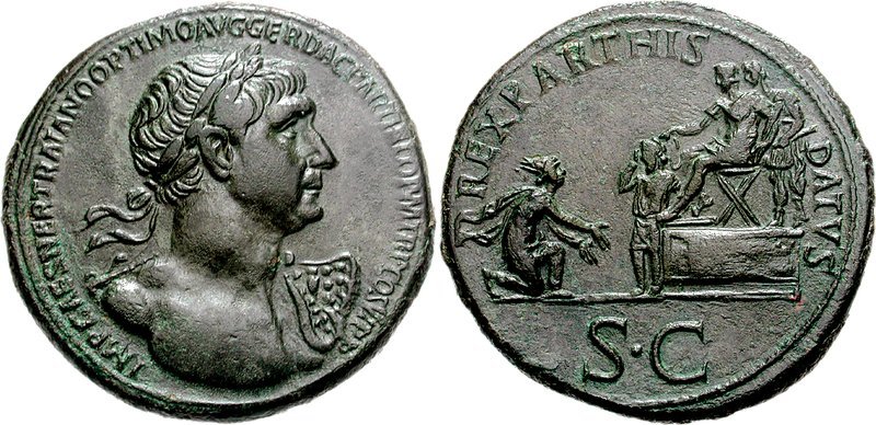 Сестерция с портрет на Траян; монетата показва васалното подчиняване на Партската държава от римска гледна точка (116 г.)